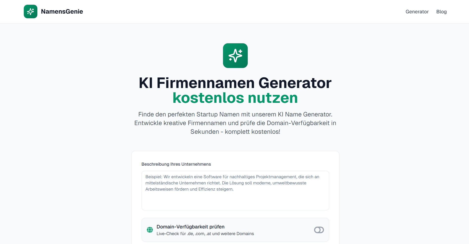 Screenshot von Namensgenie Plattform
